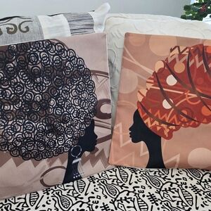 Artistic African Women Silhouette Accent Pillow Covers - Brown Orange and Tan